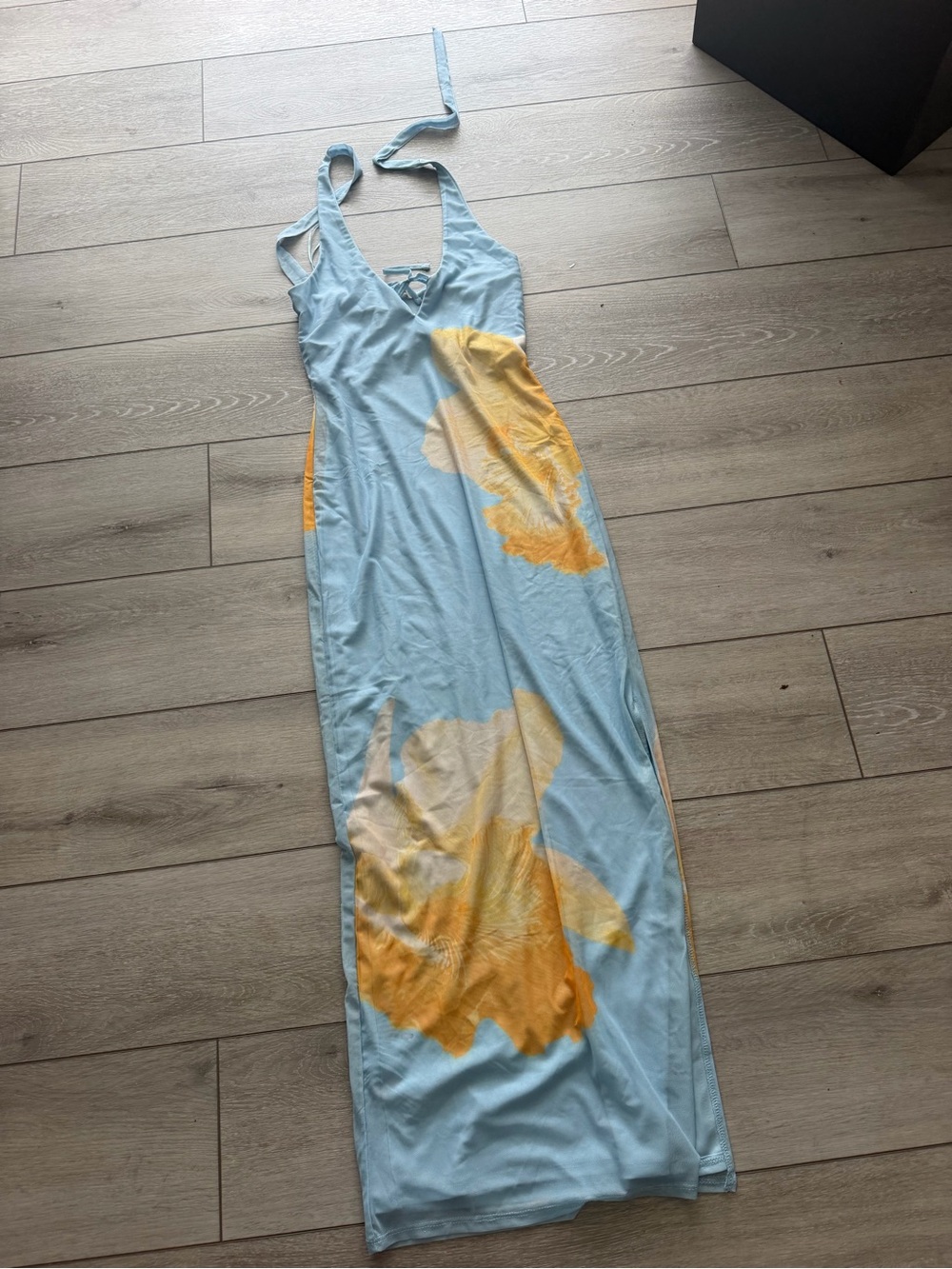 Sincerely Jules Light Blue Halter Dress with Yellow Floral Accents